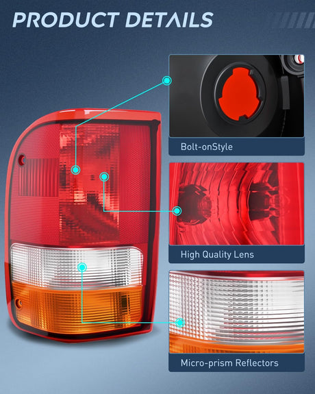 Taillight Assembly Compatible with 1993 1994 1995 1996 1997 Ford Ranger Red Clear Tail Light OE Style Rear Lamp Replacement Driver Side