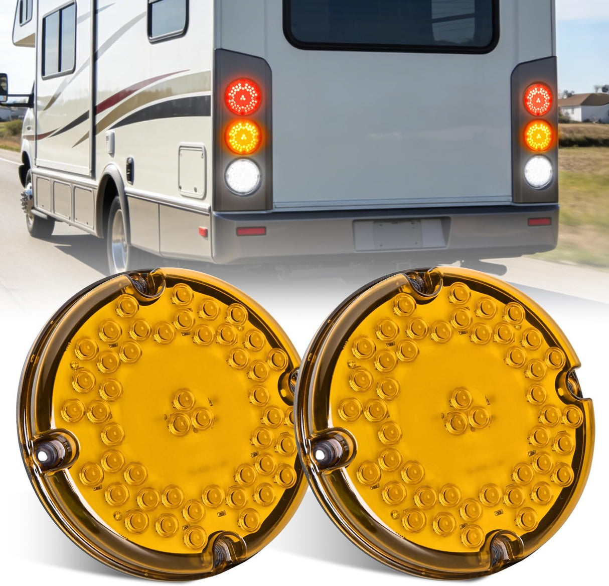 Tail Lights 2PCS 7Inch Round 47LED Amber Reflex Lens | IP67 Waterproof Marker Clearance Turn Signal Running Taillights for Trailer Truck Pickup Camper RV Bus