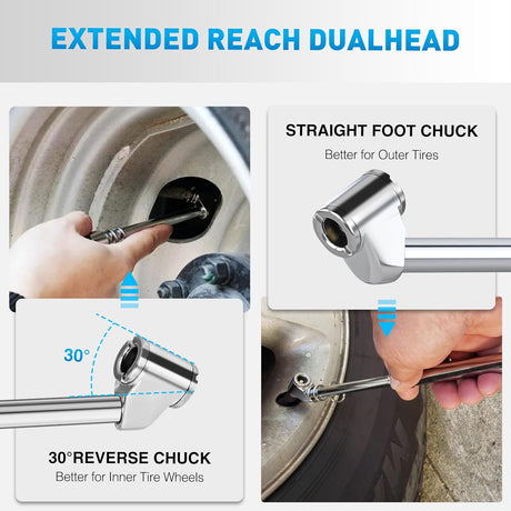 Dual Head Tire Pressure Gauge Heavy Duty Truck Air Chuck Range 10-150PSI 1-10Bar Tire Pressure Checker Straight-On Tire Air Gauge Extended Tube for Semi Truck, RV, Car, Motorcycle