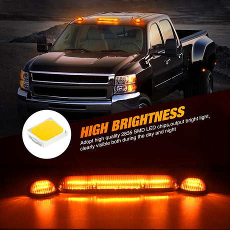 LED Cab Marker Lights 3 PCS Roof Running Light LED Smoke Lens Amber Cab Clearance Light Compatible with 2002-2007 Chevy Silverado GMC Sierra 1500 1500HD 2500 2500HD 3500
