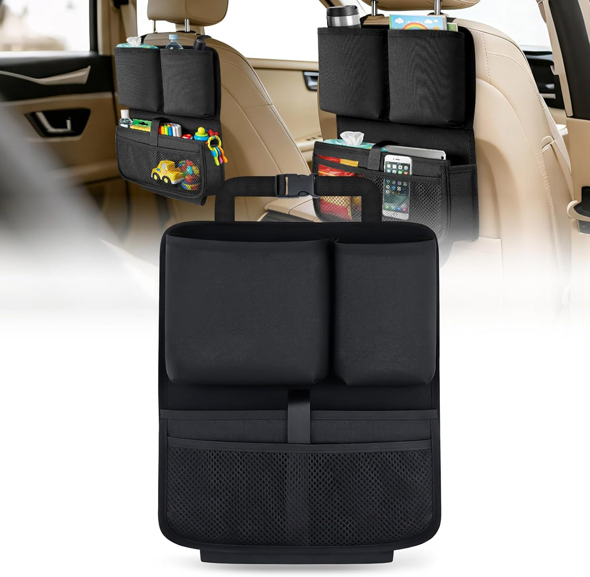Car Seat Back Organizer 1PC Black Oxford Fabric Universal | Multi Compartment Cup Holder Hanging Storage Bag Scratch Resistant Durable Design for Cars Vans SUVs MPVs Pickup Trucks