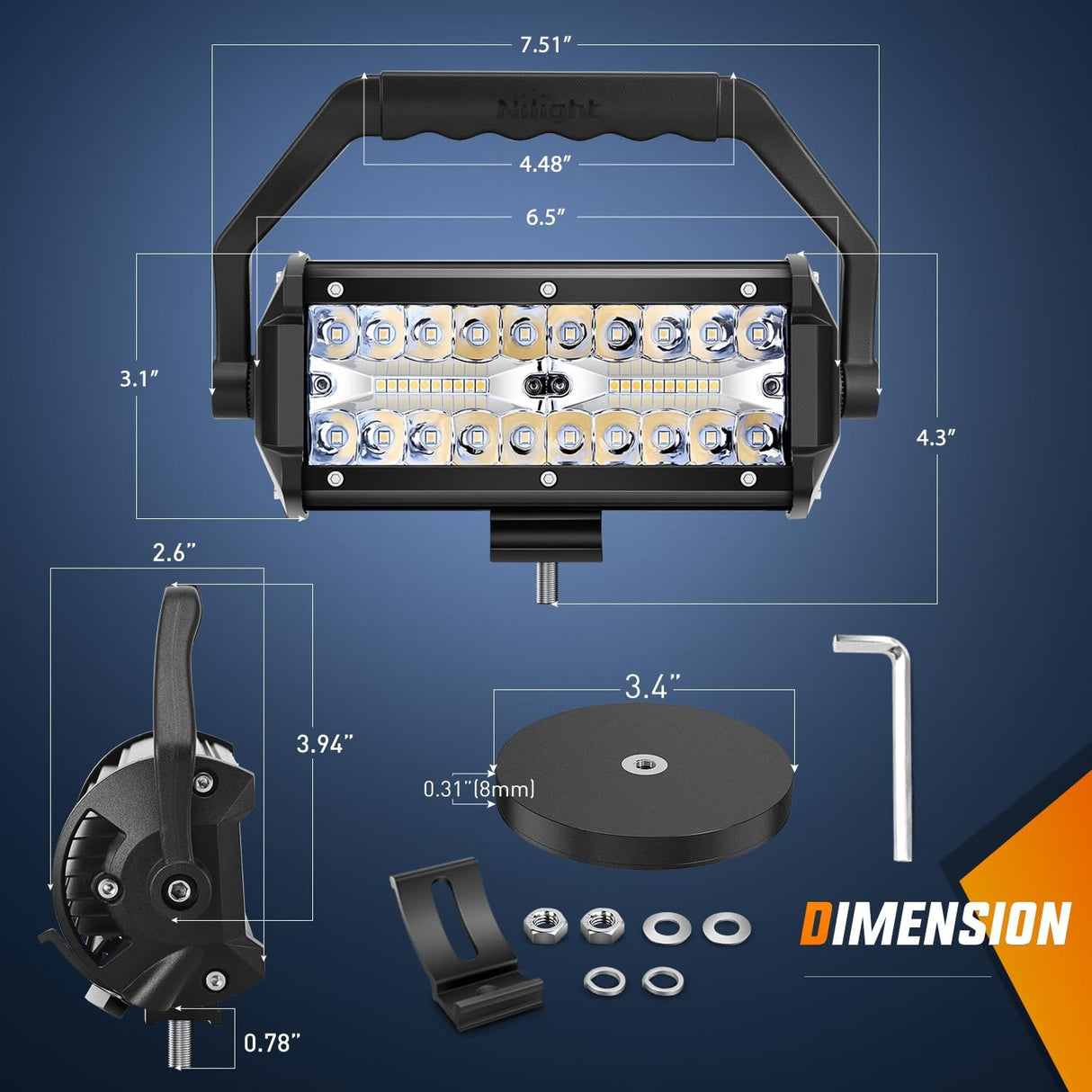 LED Light Bar 6.5Inch Triple Row Spot Flood Combo Beam Pod Cigarette Lighter Powered with Wiring Magnetic Base Fog Driving Work Roof Bumper Lights for Truck Tractor Golf Cart UTV