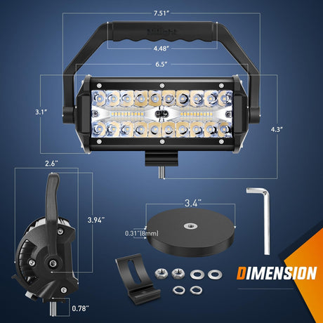 LED Light Bar 6.5Inch Triple Row Spot Flood Combo Beam Pod Cigarette Lighter Powered with Wiring Magnetic Base Fog Driving Work Roof Bumper Lights for Truck Tractor Golf Cart UTV