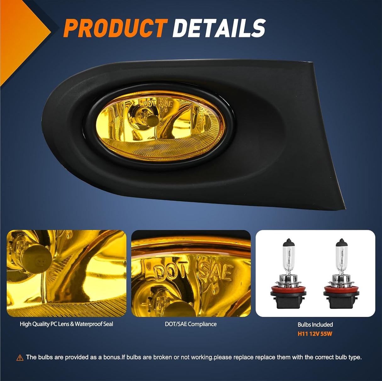 Nilight Fog Lights Assembly Compatible with 2002 2003 2004 Acura RSX Left Driver and Right Passenger Side Amber Lens w/H11 12V 55W Bulbs