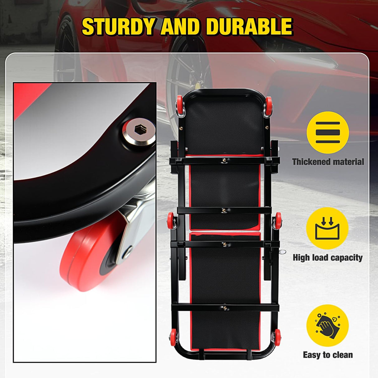 40 Inch Z Creeper - 2-in-1 Folding Rolling Mechanic Seat, 40 inches Adjustable Lay-Down or Sit Garage Chair, 330 lbs Capacity, Red Black