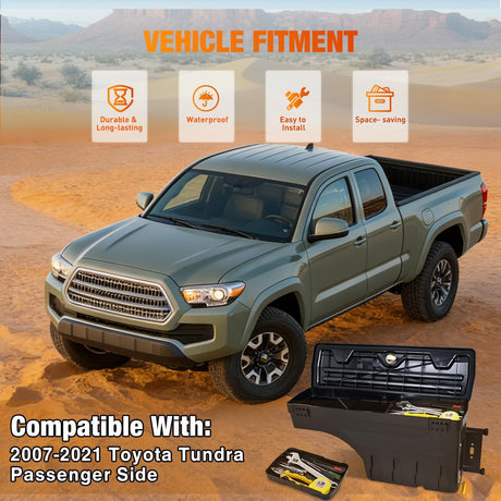 Truck Bed Tool Box Right Passenger Side Truck Tool Box Fit for Toyota Tundra 2007-2021 ABS Swing Case Truck Bed Storage Box with Lockable Lid Waterproof Wheel Well Toolbox Black