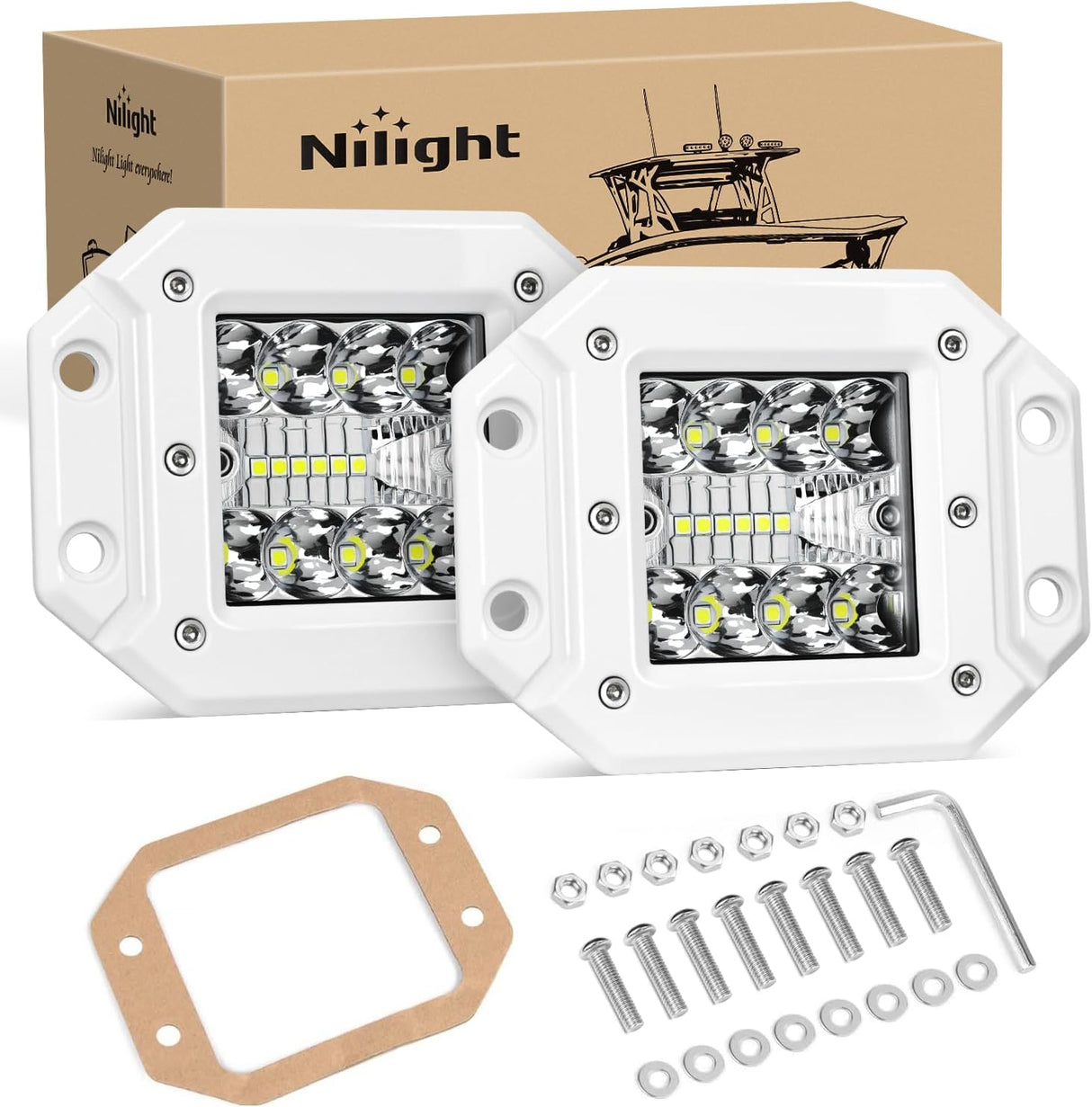 LED Light Pods 2PCS 42W Flush Mount Spot Flood Combo Backup Reverse Driving Bumper Lights Ponton Boat Deck Dock Lighting for Offroad Pickup Trucks SUV Van Tractors T-top Stern Saltwater Boats