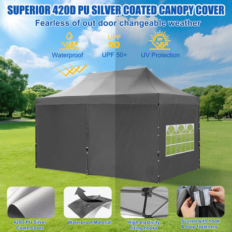 10x20 Pop Up Canopy Tent with Sidewalls Instant Outdoor Canopy, Waterproof & UV Protection, Easy Setup Adjustable Height Heavy Duty Shelter Gazebo Tent for Patio Backyard Party Events, Gray
