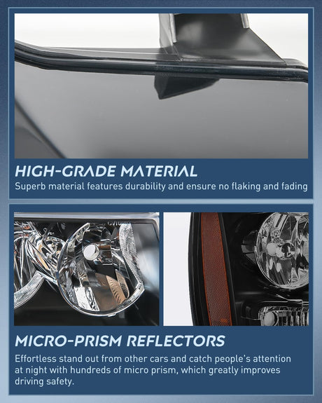 Headlight Assembly for 2007 2008 2009 2010 2011 2012 2013 2014 Chevy Avalanche Tahoe Suburban 1500 2500 Replacement Headlamp Bumper Lamp Set Black Housing Amber Reflector Smoked Lens