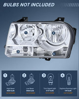 Headlight Assembly Compatible with 2005-2010 Chrysler 300 | 2005-2010 Chrysler 300 Halogen Style OE Factory Replacement Headlights Chrome Housing Headlamp