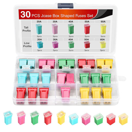 30pcs Jcase Car Fuse Assortment Kit Low Tall STD Profile Box Shaped Fuses Replacement 20A 30A 40A 50A 60A for Cars Trucks SUVs RVs