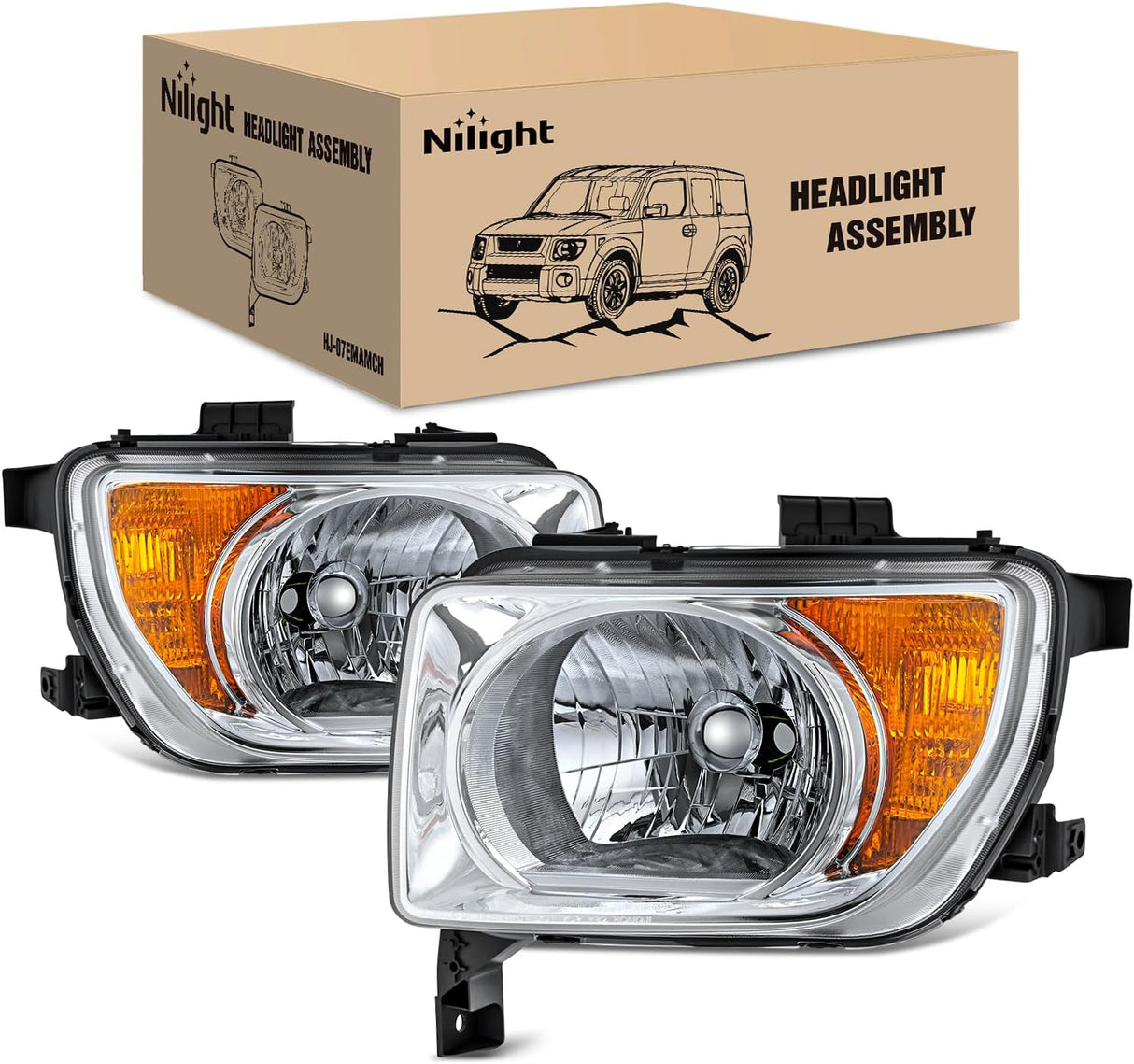 Headlight Assembly Compatible with 2003 2004 2005 2006 Honda Element OE Style Replacement Halogen Headlights Chrome Housing Amber Reflector Headlamp Passenger and Driver Side