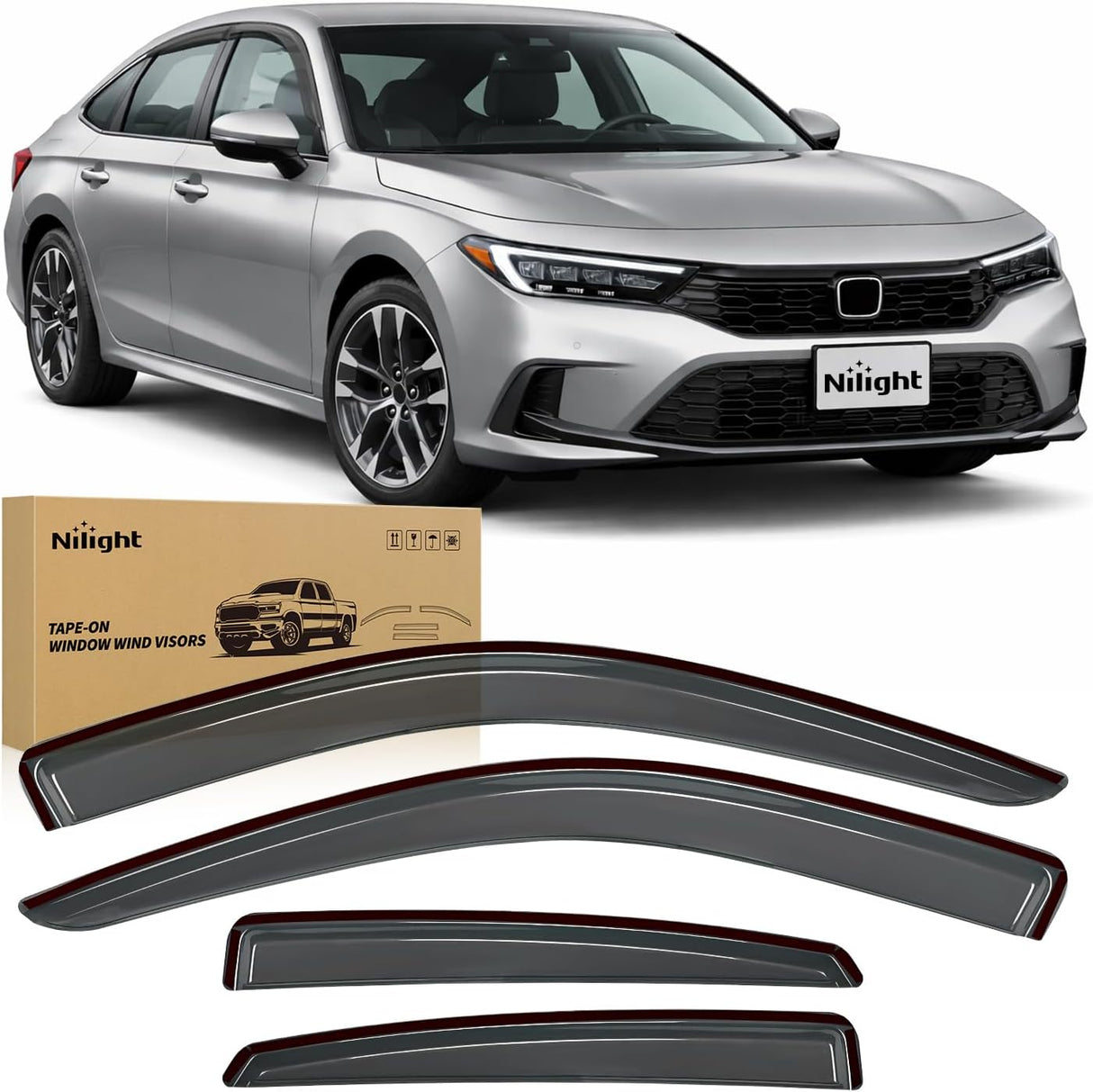 Tape-On Rain Guards for Honda Civic Sedan 2022-2026, 4PCS | Not for Hatchback, Side Window Visors for Fresh Air Circulation, Civic Sedan 2022 2023 2024 2025 2026, Smoke Tinted