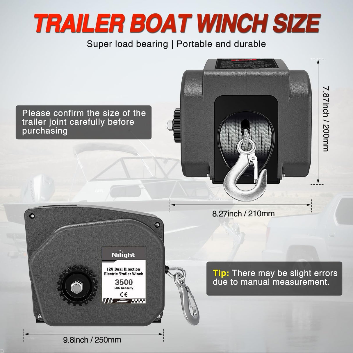 Boat Trailer Winch 3500 lbs Portable Electric Boat Winches 12 V DC Marine Winch with Steel Cable Remote Control & Hand Crank Power-in Freewheel Operat Waterproof Winch for Boat Trailer, Gray