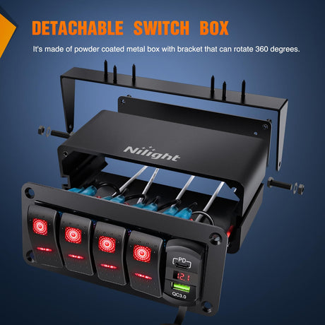 4 Gang Rocker Switch Box 12V SPST ON Off Toggle Switches PD Type C and QC 3.0 USB Charger Voltmeter LED Light Waterproof Aluminum Mount Bracket Panel DIY Stickers for Boat Car RV Truck