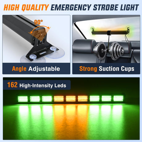 162 LED Traffic Advisor Strobe Light Bar 2-in-1 Amber Green Emergency Warning Hazard Lights with Controller 4 Switchable Color 36 Flash Pattern for Trucks Cars Tow Plow Construction Vehicles