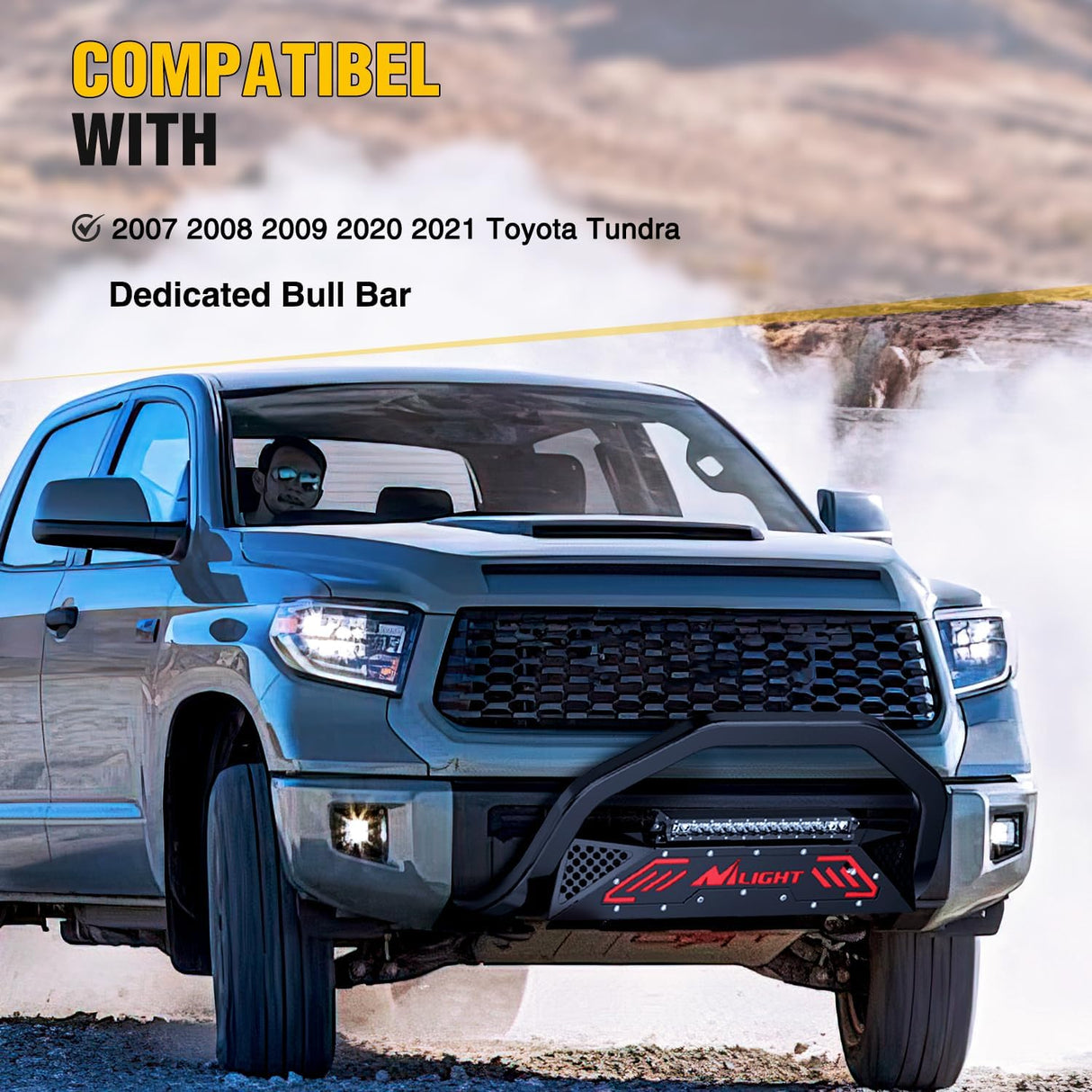 Bull Bar with Light fits Toyota Tundra 2007 2008 2009 2010 2011 2012 2013 2014 2015 2016 2017 2018 2019 2020 2021 Front Bumper Grille Brush Push Guard with Skid Plate Licence Hole Black