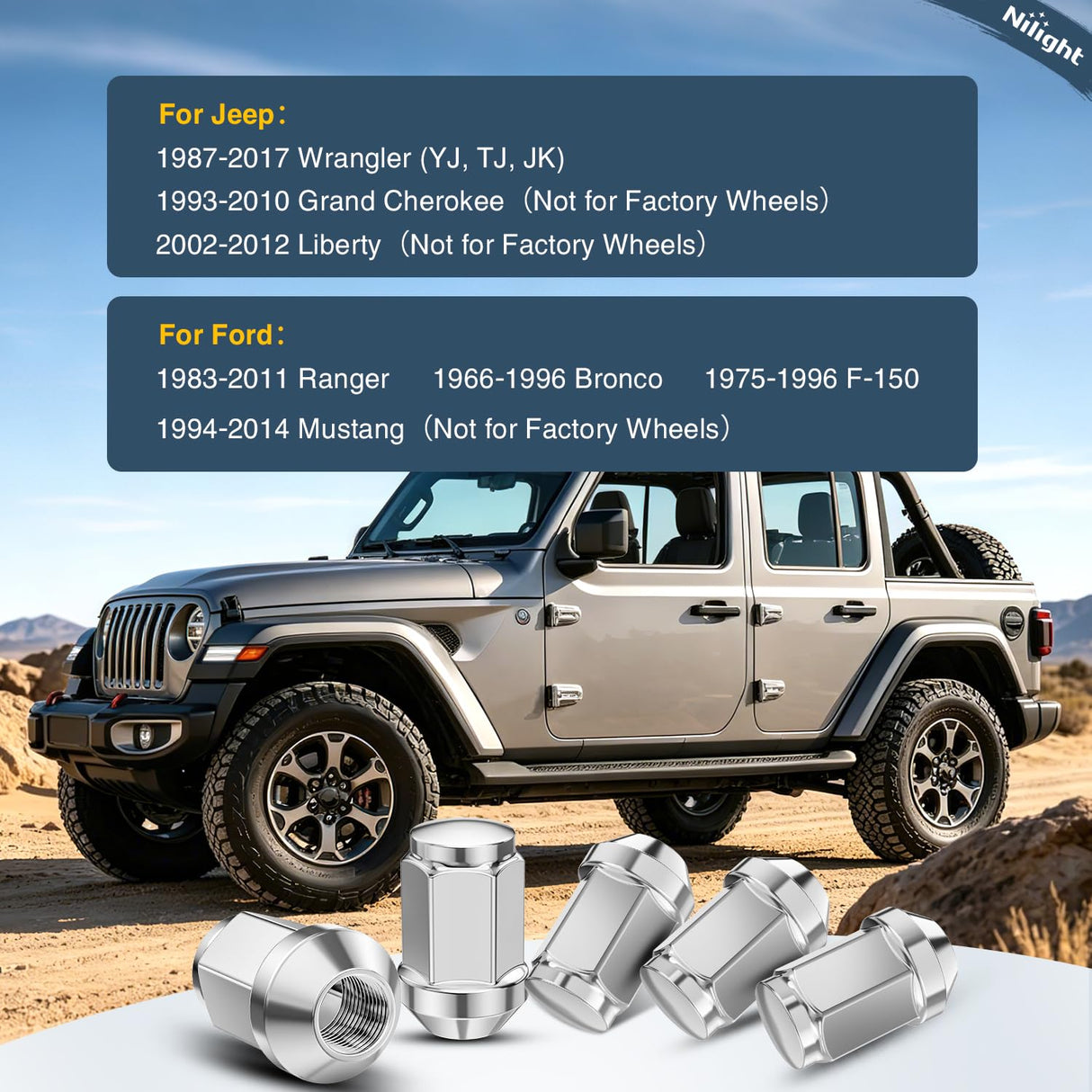 24PCS 1/2-20 Lug Nuts Compatible with 1987-2017 Wrangler YJ TJ JK | for 1975-1996 F-150 1966-1996 Bronco 1983-2011 Ranger One-Piece Solid Chrome Steel Aftermarket Wheel Nuts Replace