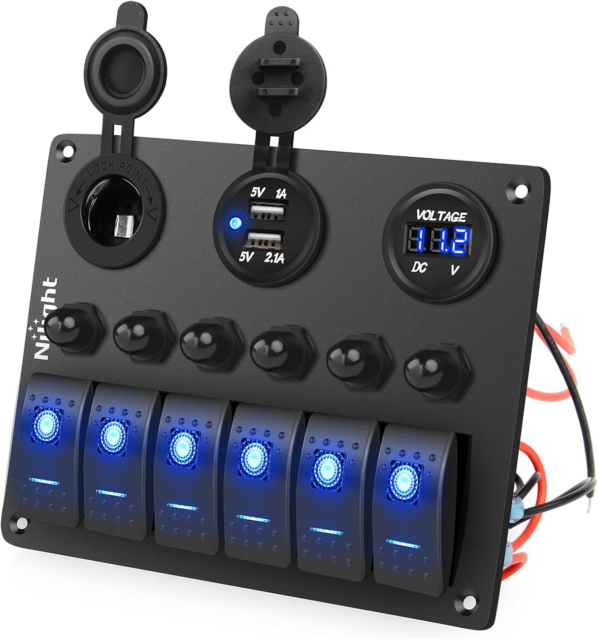 6 Gang Toggle Rocker Switch Panel with Digital Voltmeter and Cigarette Socket Double USB Power Charger Adapter Overload Protection