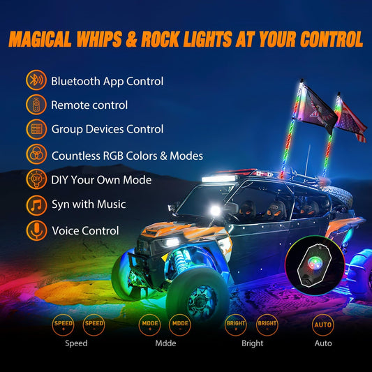 2Pcs 4FT Spiral Antenna Bluetooth Remote App Control Led Whip Light | 8Pcs RGB Rock Lights | Wire 5Pin Switch Kits Nilight