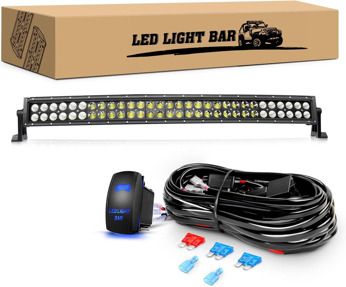 LED Light Bar 32Inch 180W Curved Off Road Lights for Trucks Flood Spot Combo Beam Driving Lamp Work Lights with Heavy Duty 12V 5Pin Rocker Switch Wiring Harness Kit