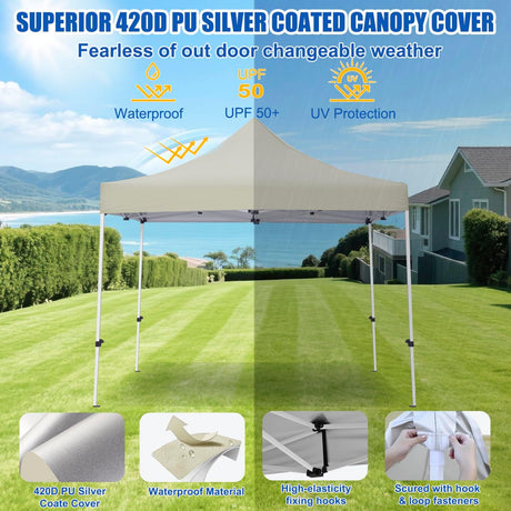 10x10 Pop Up Canopy Tent with 4 Sidewalls Portable Folding Outdoor Canopy Easy Setup Gazebo Waterproof Instant Shelter Tent w Wheel Carry Bag sandbag for Events Parties Camping, Khaki Brown