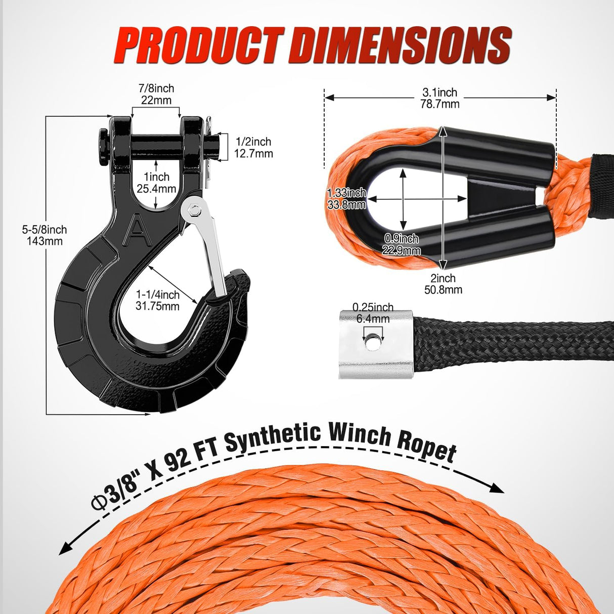 Synthetic Winch Rope Kit 3/8 Inch X 92 Inch 25000 lb with Black Jacket Rope Protective Sleeve Forged 35000lb Winch Hook Safety Strap Winch Cable Line for OffRoad Vehicle Recovery Truck SUV ATV, Orange