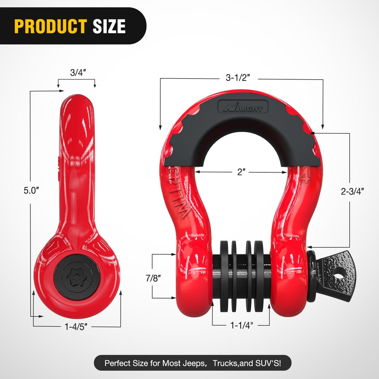 3/4 Inch D Ring Anti-Theft Shackle Tow Hook Jeep Truck SUV ATV UTV | Off Road Recovery Gear 19T 41,887 lbs Break Strength 4.75T WLL Rust-Resistant Anti-Rattle Isolators Heavy Duty Red 2pack