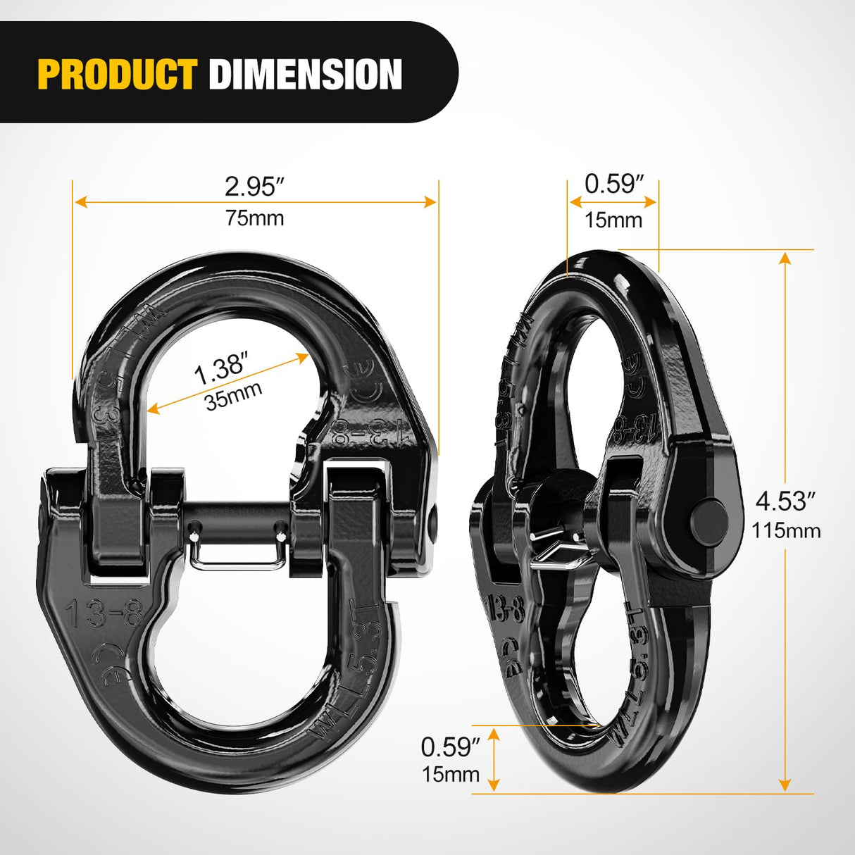 Safety Chain Connector Link, 1/2In Tow Hitch Hammerlock Coupling Link, 2 Pack Forged Steel Tow Chain Connector for Chain Link/Recovery Rope Link/Shackle, 12000 lbs Load Limit, Black
