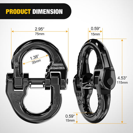 Safety Chain Connector Link, 1/2In Tow Hitch Hammerlock Coupling Link, 2 Pack Forged Steel Tow Chain Connector for Chain Link/Recovery Rope Link/Shackle, 12000 lbs Load Limit, Black