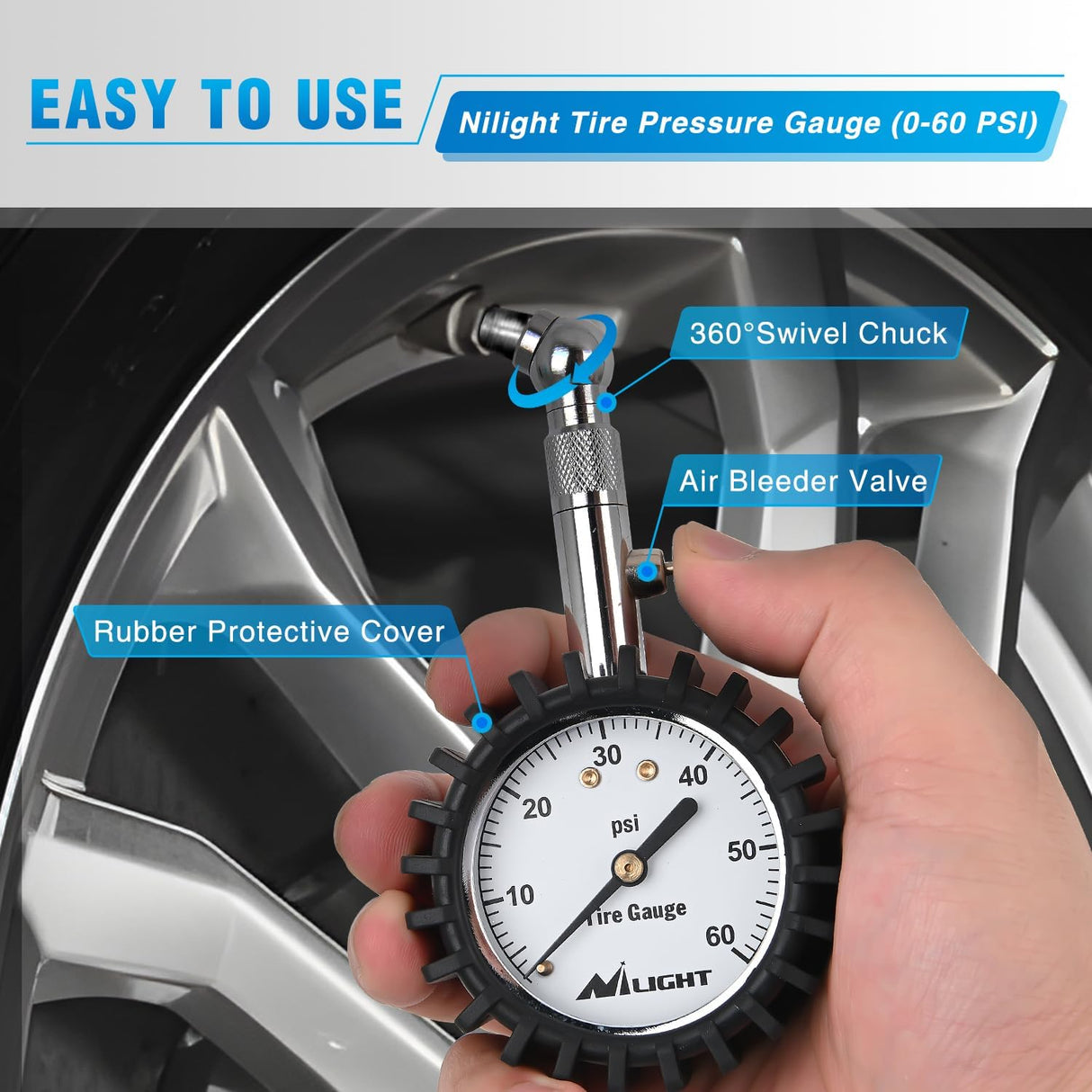 Tire Pressure Gauge 60PSI Heavy Duty Stainless Steel Air Chucks ANSI B40.1 Certified Large 2 Inch Dial Wheel Service Checker for Truck Semi Truck ATV Motorhome Cars & RV Accessories