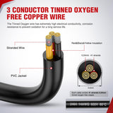 30FT 14AWG 3 Conductor Electrical Wire Tinned Oxygen Free Copper Red Black Yellow 3 Wires Parallel 600V DC Flexible PVC Case Extension Cords for LED Strips Lamps Lighting