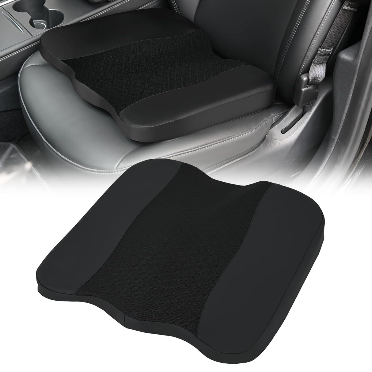 Car Seat Cushion Black Leather Breathable Mesh Splicing Cushion Memory Foam Suitable for Daily Life Driving Relieves Sciatica and Tialbone Pain Improves Drive Visibility