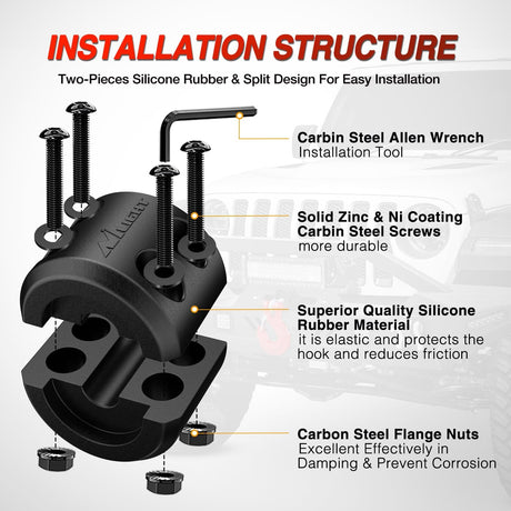 Winch Stopper for ATV UTV Truck SUV Winch Cable Hook Rubber Stopper Protect Towing Hook Synthetic Rope winch accessories Rope Line Saver with Stainless Steel Screws and Nuts Allen Wrenc, Black