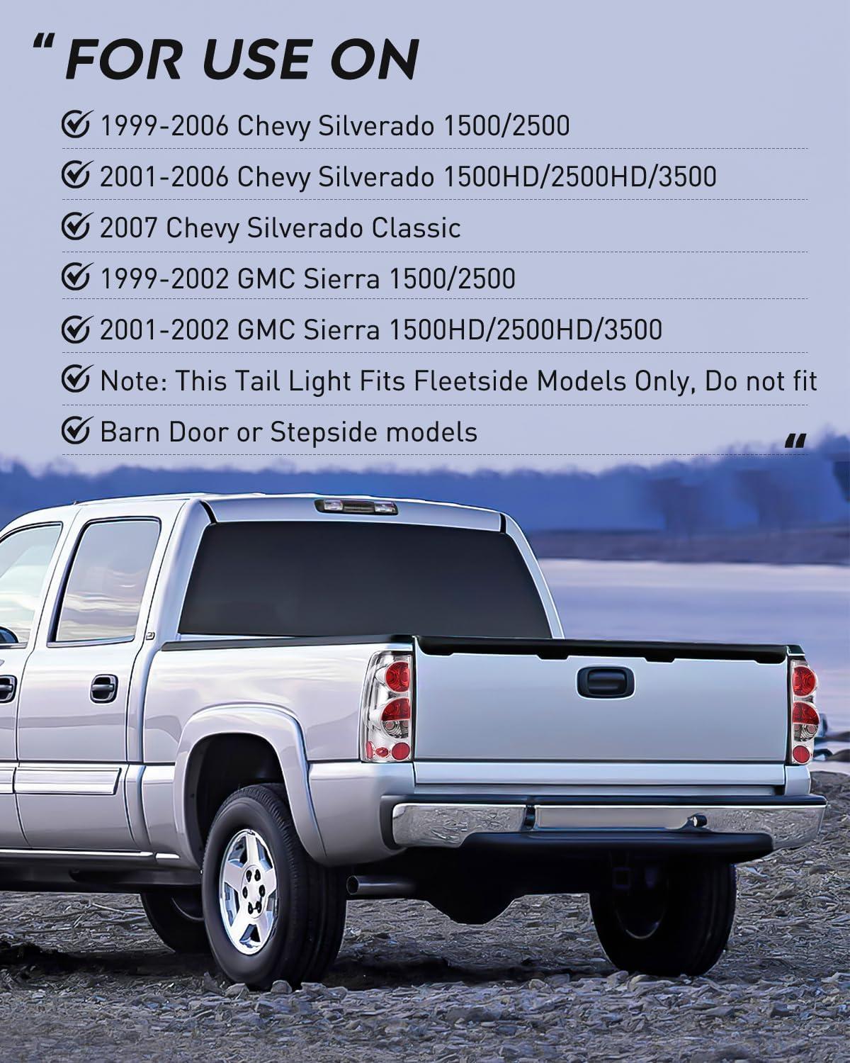 1999-2007 Chevy Silverado 1999-2002 GMC Sierra Taillight Assembly Rear Lamp Classic Body OE Style Chrome Housing Clear Lens Nilight