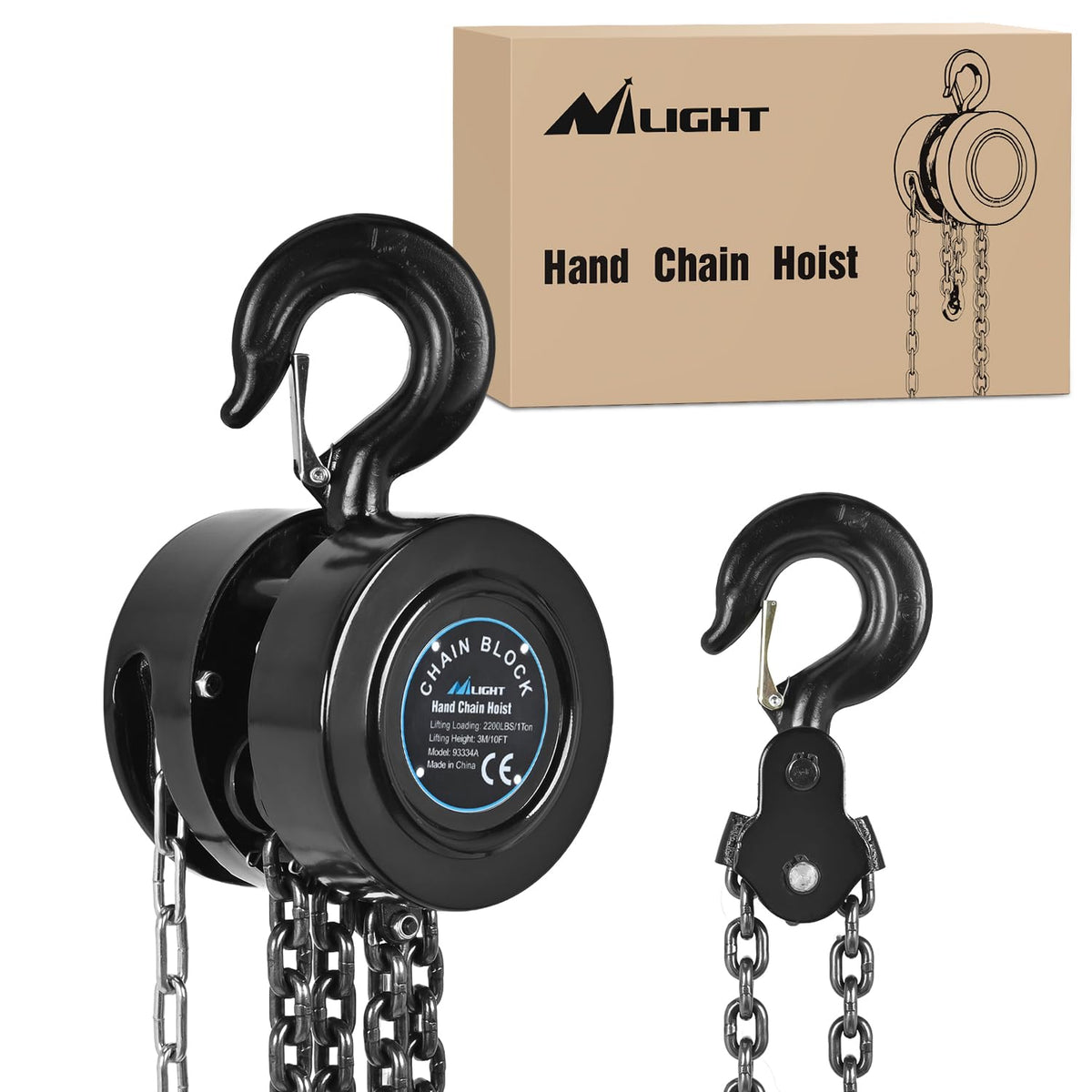 Manual Chain Hoist with Upgrade G70 Galvanized Chain1 Ton 2200 lbs Capacity 10 ft Lifting Height with 2 Hooks Heavy Duty Pulley Hoist for Garage Warehouse Automotive Machinery