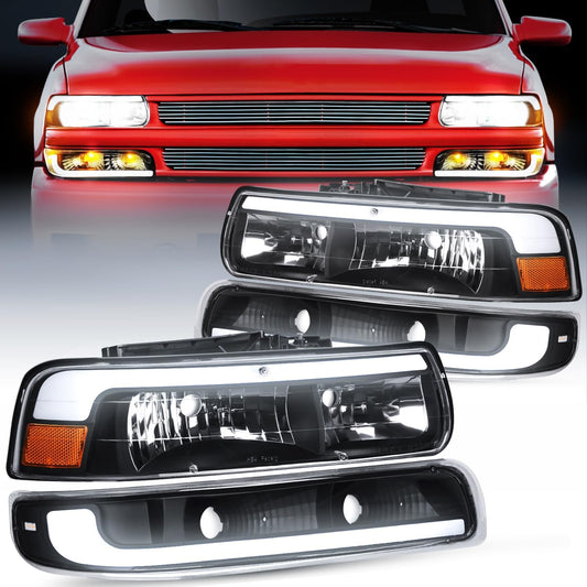 LED DRL Headlight Assembly for 1999 2000 2001 2002 Chevy Silverado 1500 1500HD 2500 2500HD 3500 Chevrolet Tahoe Suburban Replacement Headlamp Clean Lens Black Housing Amber Bumper Lights Set