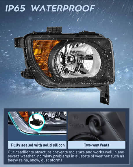 Headlight Assembly Compatible with 2003 2004 2005 2006 Honda Element OE Style Replacement Halogen Headlights Black Housing Amber Reflector Headlamp Passenger and Driver Side