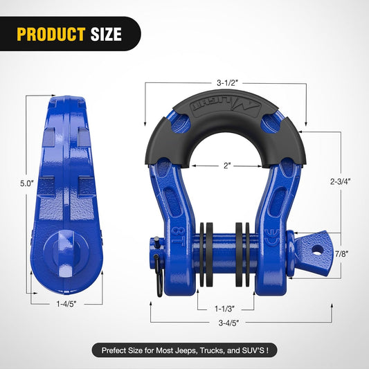 3/4 inch Mega D-Ring Shackle With 7/8 inch Screw Pin 68000LBS Blue (Pair) Nilight