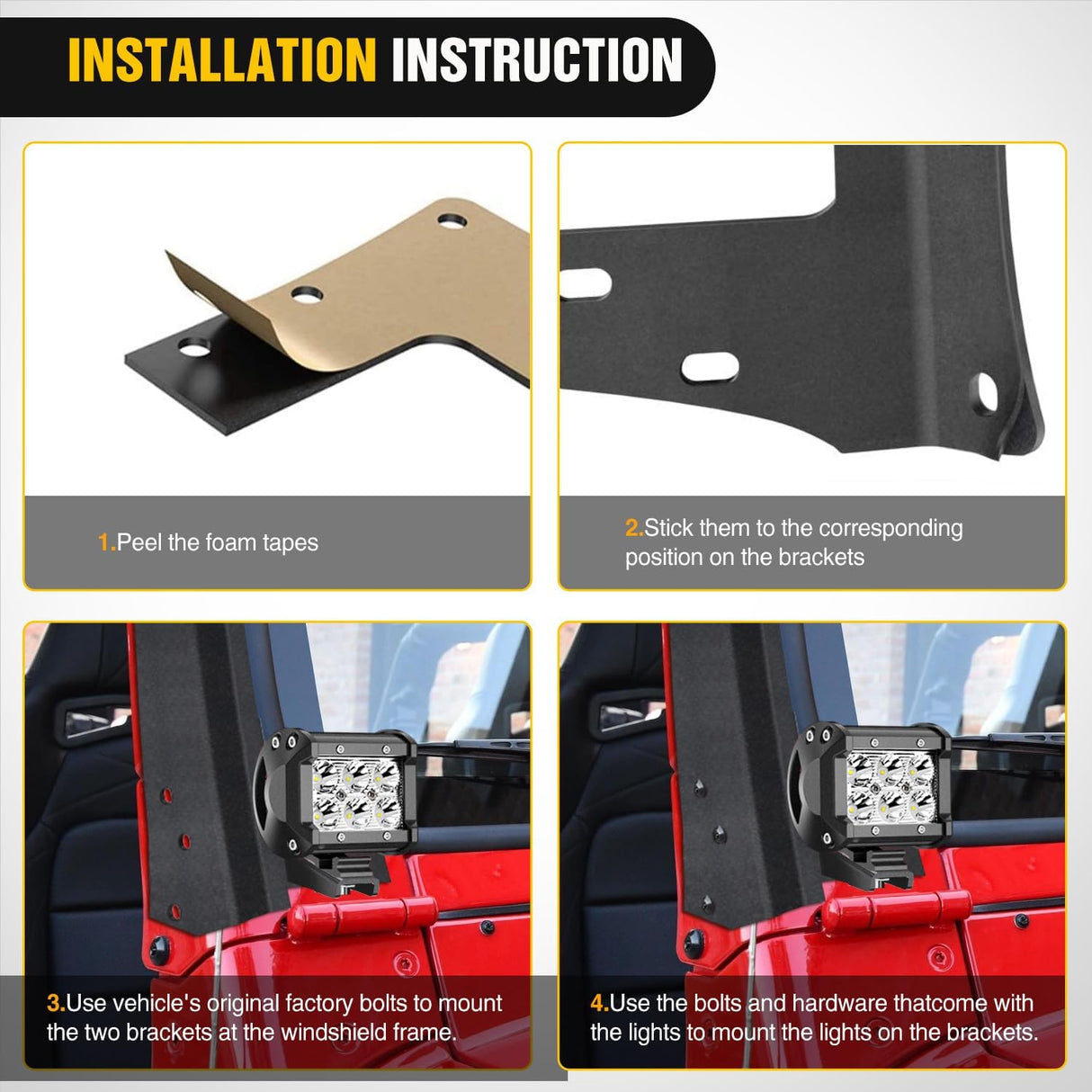 52inch Light Bar Windshield Frame Mounting Brackets for Jeep Wrangler TJ 1997-2006 No-Drill A-Pillar Light Mount for Pod Lights, Heavy Duty Steel Off-Road LED Light Bar Dual Mount