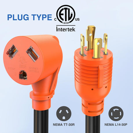 RV Generator Adapter Cord with Circuit Breaker Overload Protector 30 Amp to 30Amp 4-Prong Twist Lock Plug 10 Gauge Wire ETL Listed L14-30P to TT-30R 30M/30F for RVs Camper Caravan Van Trailer