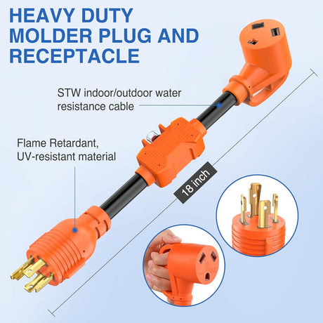 RV Generator Adapter Cord with Circuit Breaker Overload Protector 30 Amp to 30Amp 4-Prong Twist Lock Plug 10 Gauge Wire ETL Listed L14-30P to TT-30R 30M/30F for RVs Camper Caravan Van Trailer