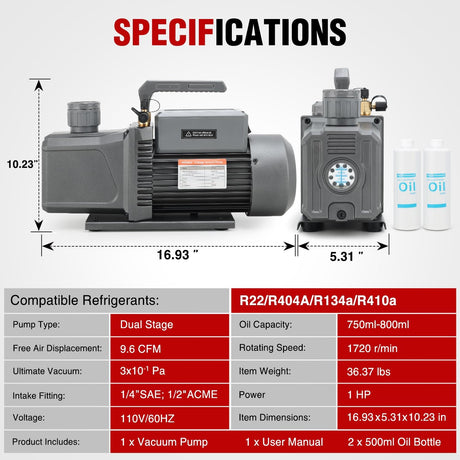 HVAC Vacuum Pump, 9.6 CFM 1 HP 110V 2 Stage AC Vacuum Pumps Kit for R22 R404a R134a R410a, 3x10⁻¹ Pa Ultimate Vacuum for Auto Air Conditioning Servicing Refrigerant Recharging, Oil Included