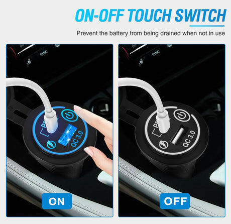 2 Pack PD Type C and QC 3.0 USB Fast Outlet Panel with LED ON Off Touch Switch Fused Wire Kit for 12V 24V Cars Trucks RVs Motorcycles Buses Boats