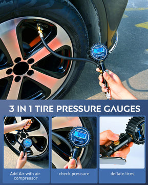 Digital Tire Inflator Pressure Gauge 250PSI Rubber Hose Quick Connect Coupler Nilight