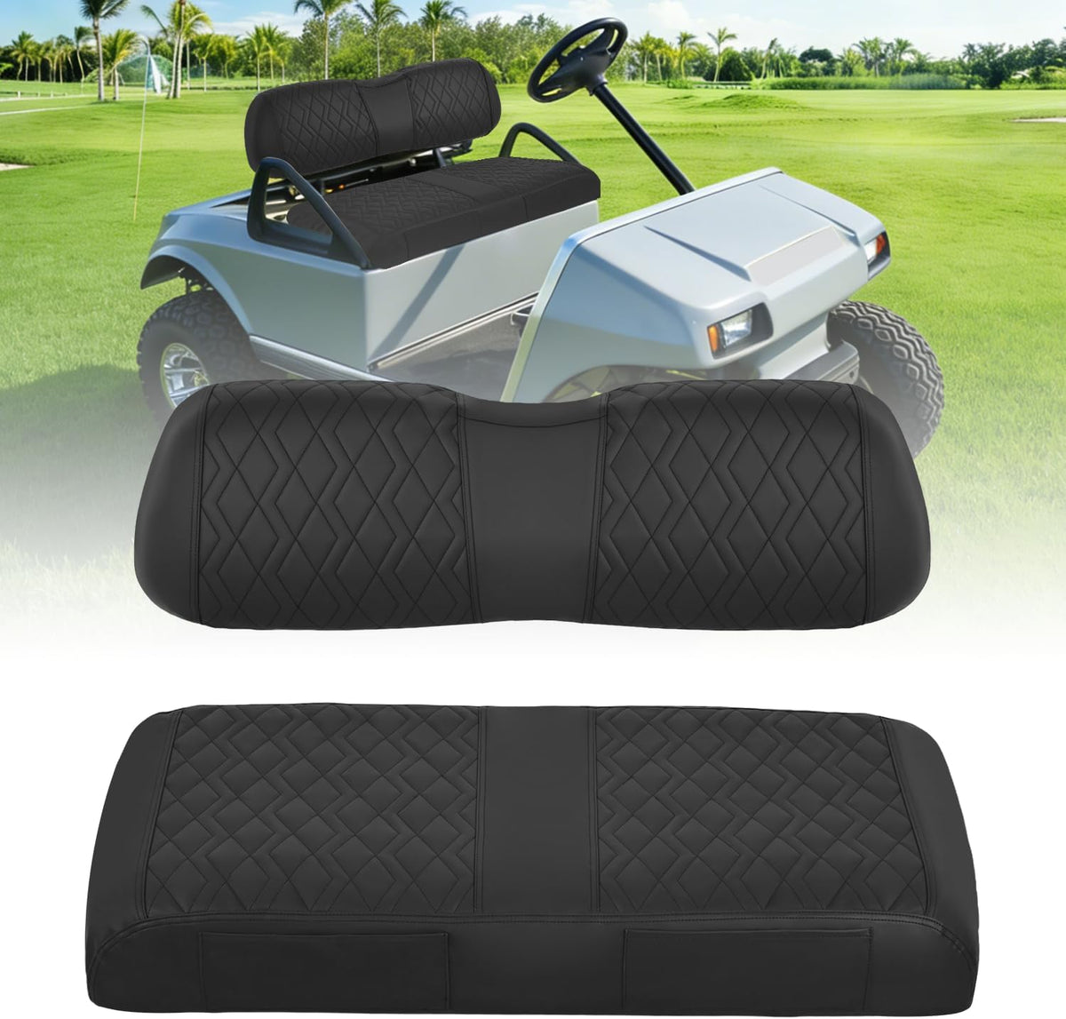 Golf Cart Front Seat Cover 1PC Black Leather Club Car DS | Waterproof Leather No Staple Design All Season Protection Sun Scratch Resistant Cover Fits 2000-2026 Club Car DS