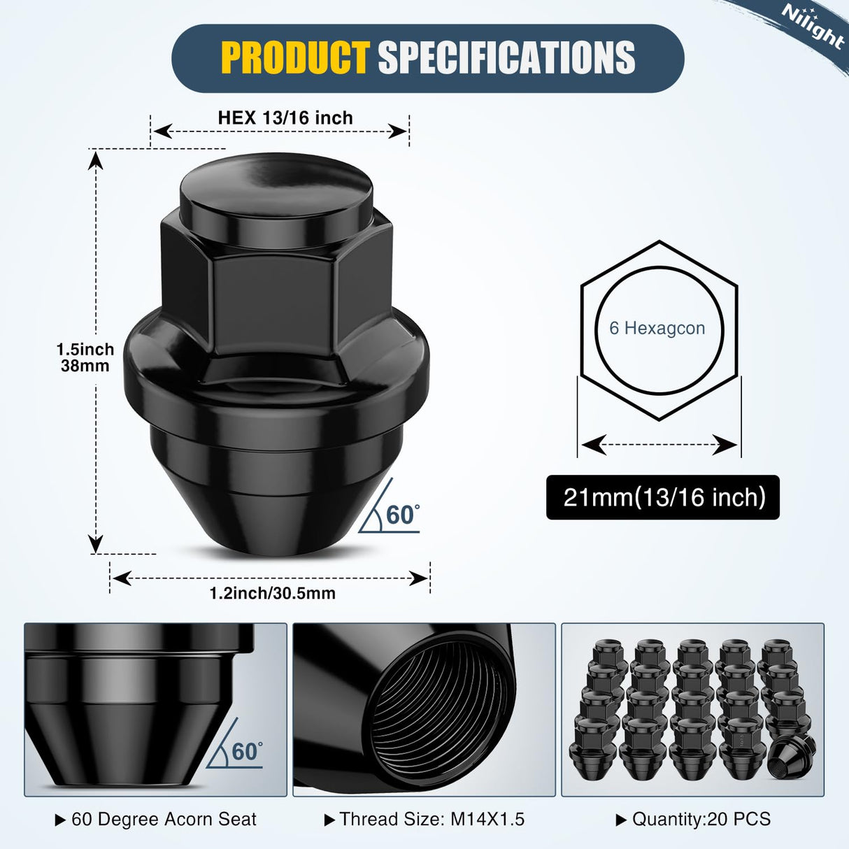 20PCS M14x1.5 Lug Nuts Compatible with 2015-2023 Ford Mustang/Edge | for 2020-2023 Explorer 2022-2023 Maverick One-Piece Solid Black Steel OEM Factory Wheel Nuts Replace