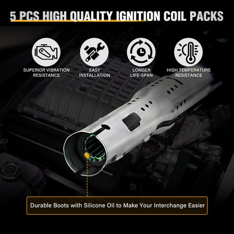 Ignition Coil Pack Fit for Volkswagen Audi VW Jetta Rabbit Beetle Passat Golf Tiguan GTI Eos CC Quattro A3 A4 A5 Q3 2005 2006 2007 2008 09 10 11 2012 2.5L L5 OE# UF575 Ignition Coils Set of 5