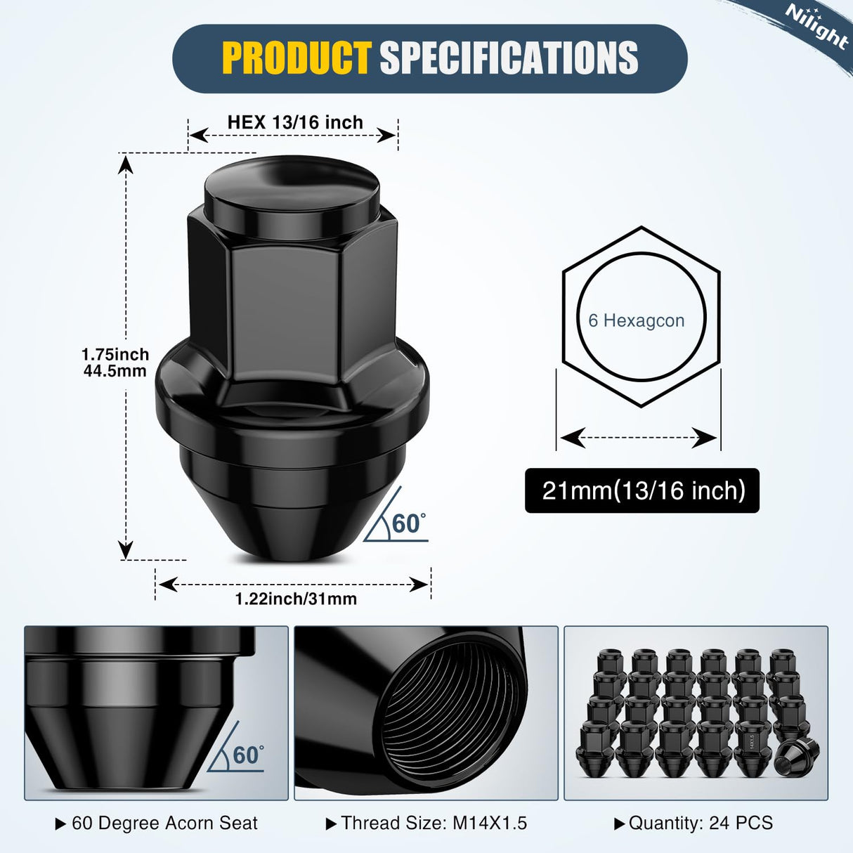 24PCS M14x1.5 Lug Nuts Compatible with 2015-2025 Ford F-150 | for 2015-2025 Ford Expedition/Lincoln Navigator One-Piece Solid Black Steel OEM Factory Wheel Nuts Replace