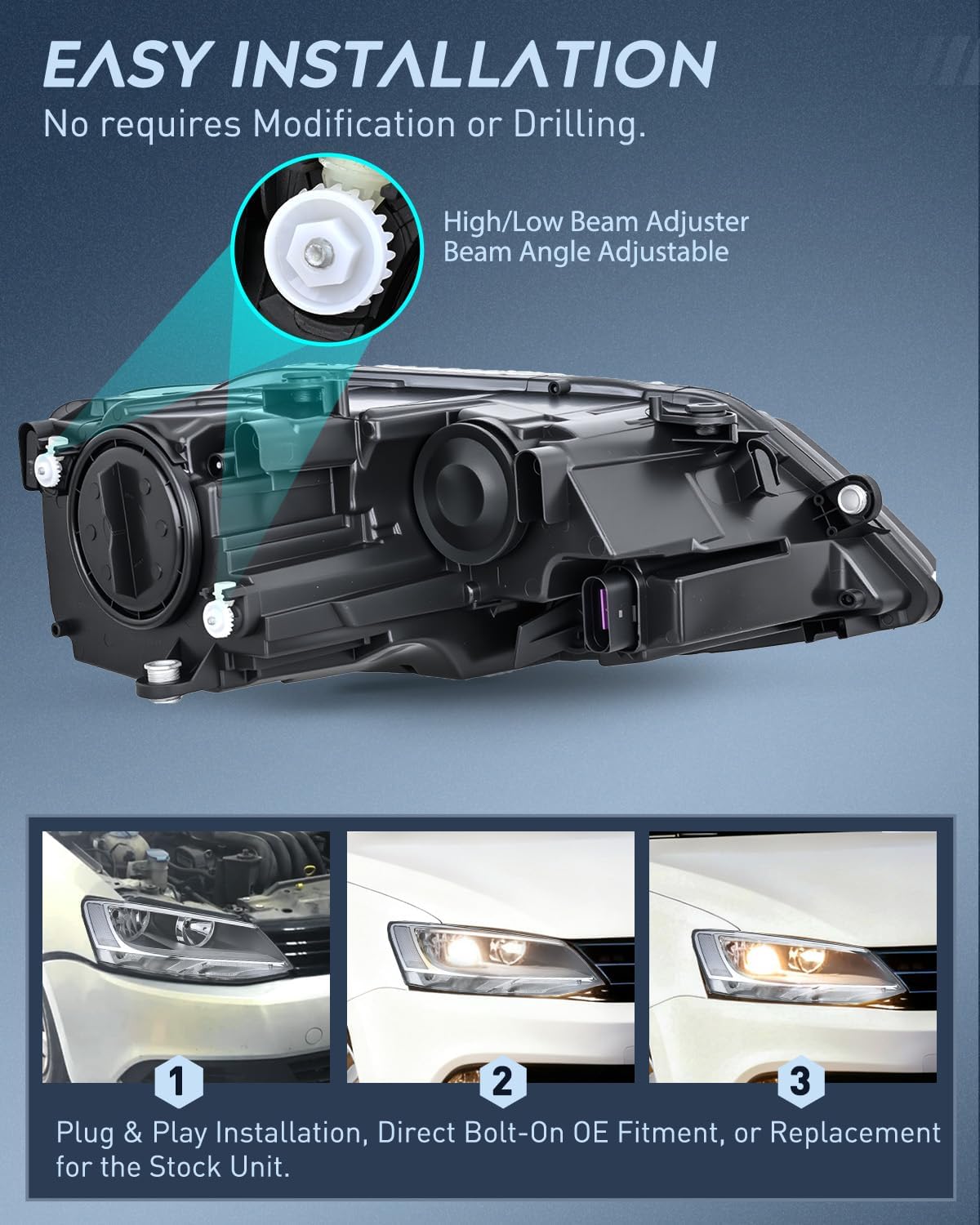 Headlight Assembly Compatible with 2011-2018 Volkswagen Jetta MK6 | 2011-018 Volkswagen Jetta MK6 OE Style Replacement Chrome Housing Clear Reflector Halogen Headlamps